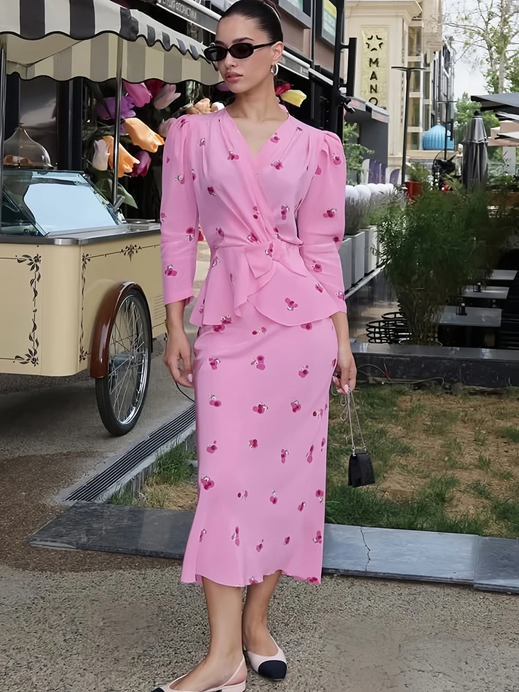 

Oniflyme Printed Floral Scarf 2 Piece Sets Women Pink Long Sleeve V Neck Bandage Top Long Skirt Autumn Slim Casual Matching Sets