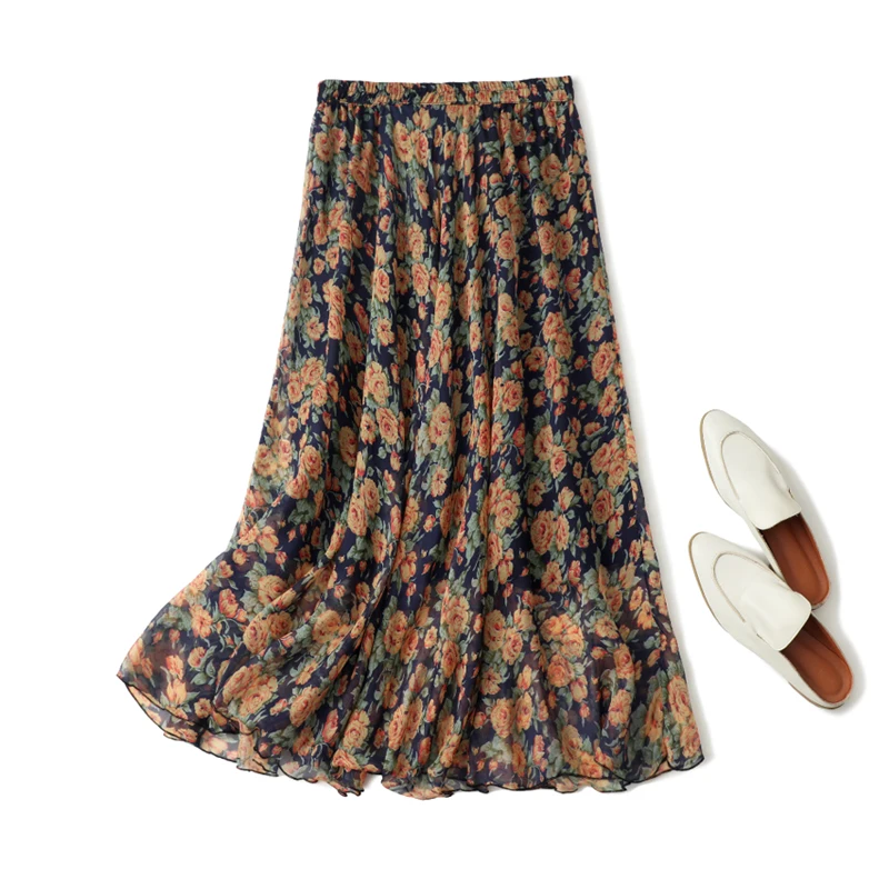 Spring/Summer New Silk Print Skirt for Women's Middle and Long Elastic Waist Shows Thin Silk A-line Large Swing Skirt Versatile