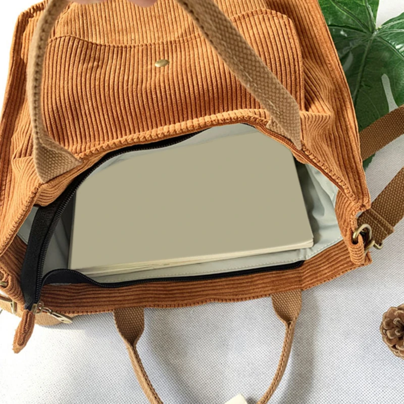 Women Corduroy Shoulder Bag Vintage Shopping Bags Student Bookbag Female Canvas Shoulder Tote Bag With Outside Pocket 2024 New