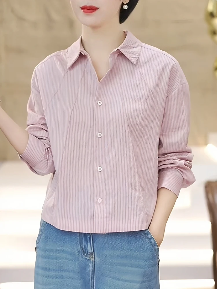 Casual Stripe Shirt  T-Shirt Women's White Shirt Simple Elegant Spring New Style Loose Fit Long Sleeve Classic Pattern