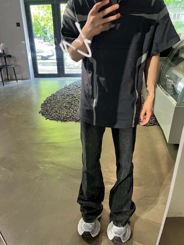 

Retro American Waed Lightning Pattern Men's Jeans Loose Wide Leg Straight Cut Long Trousers Casual Wear Youth Faion