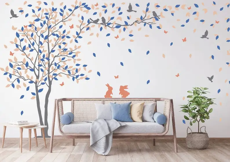 Blowing Tree Vinyl Sticker ,Tree With Leaves Wall Decal, Blowing Tree With Birds and Butterflies,Nursery Tree Wall Decal For Bed