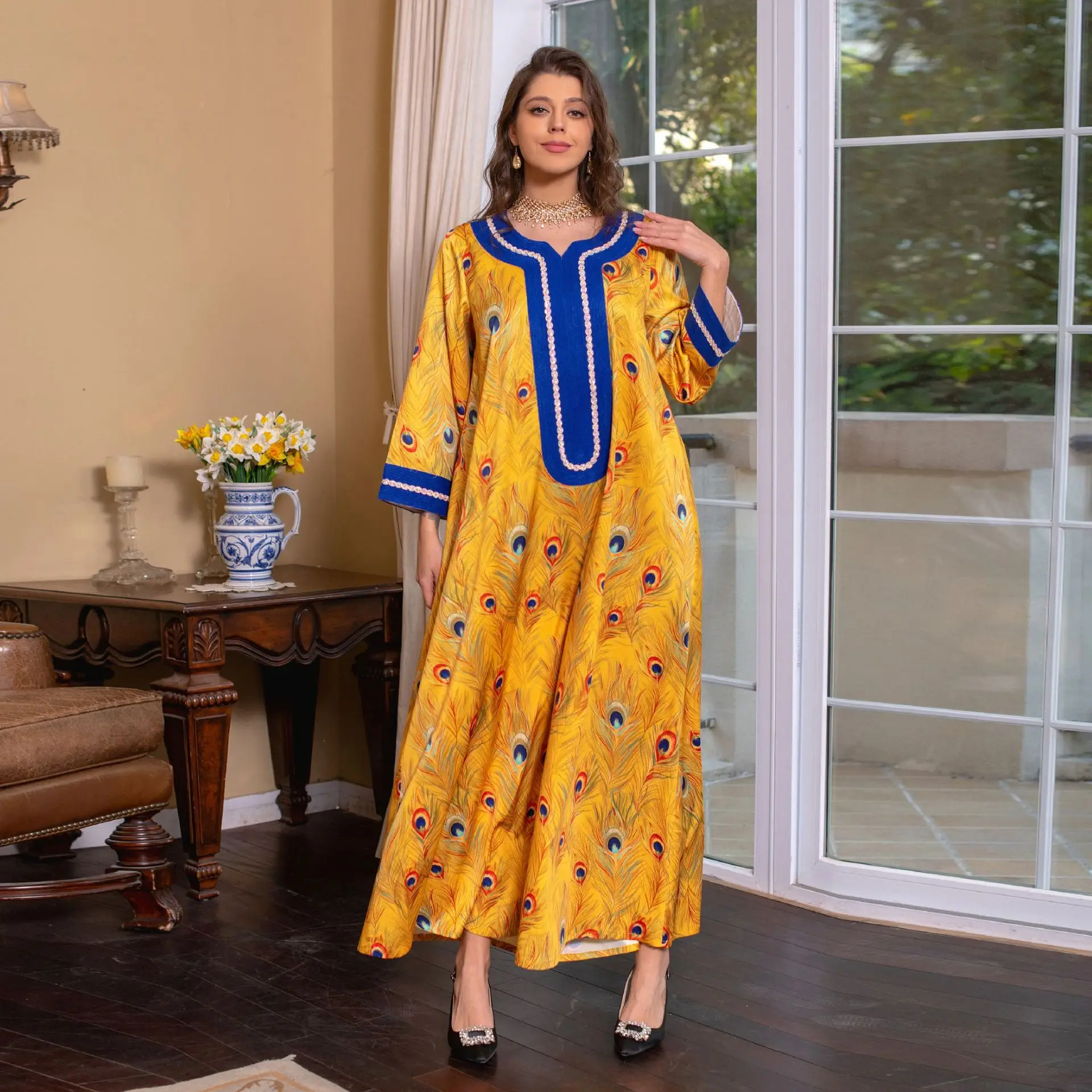 

Muslim Summer New Ethnic Clothing Embroidery Thread Embroidery Splicing Printing Hot Diamond Fashion Dress