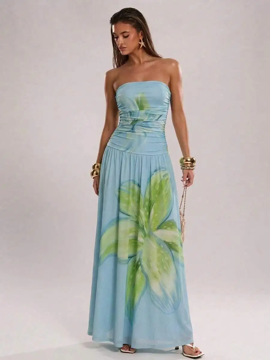 

Strapless Floral Print Maxi Dress For Women Bohemian Beach Vacation Elegant Summer Dress