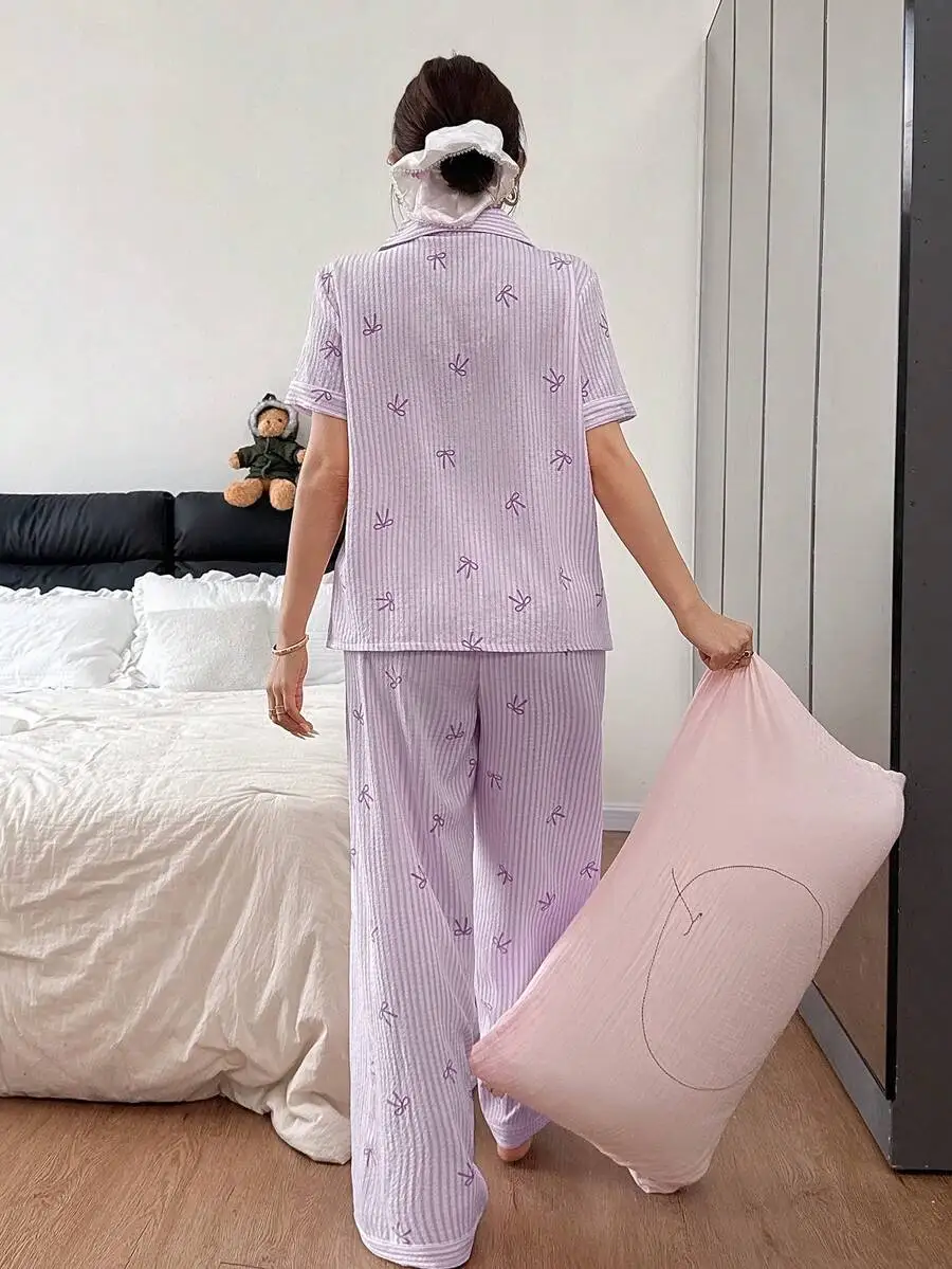 

Womens Purple Bow Striped Short Sleeve Pajama Set With Lapel Collar And Pockets