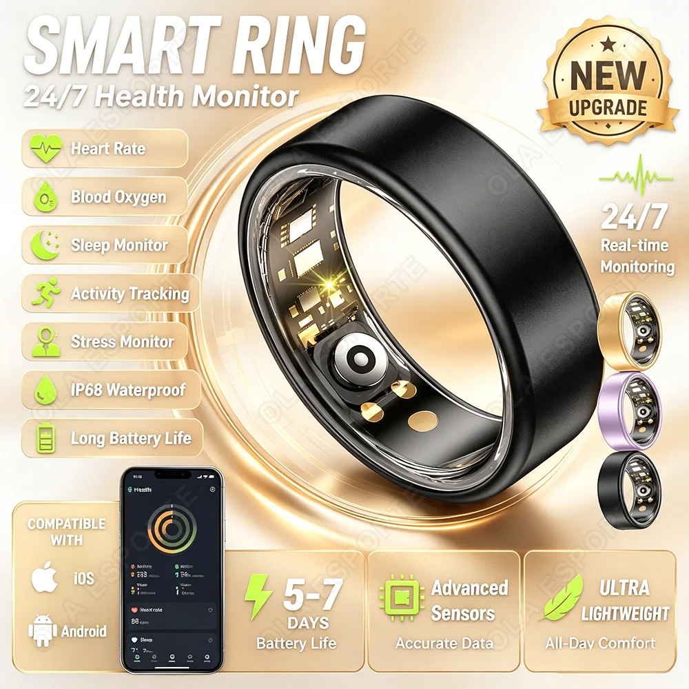 7 Colors Available Smart Ring Heart Rate Blood Pressure Blood Oxygen Health Monitor IP68 Waterproof 100+ Sports Mode Smartring