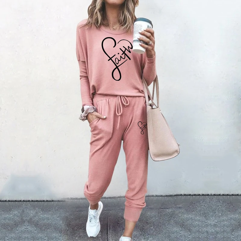 Women's fashion long sleeved two-piece jogging set casual pullover sportswear long pants sportswear jogging set