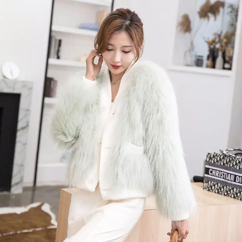 2023 Winter Raccoon Dog Fur Woven Coat Women\'s Lightweight Fashion Real Fur Coat Solid Color O-Neck Button Single Breasted Coat