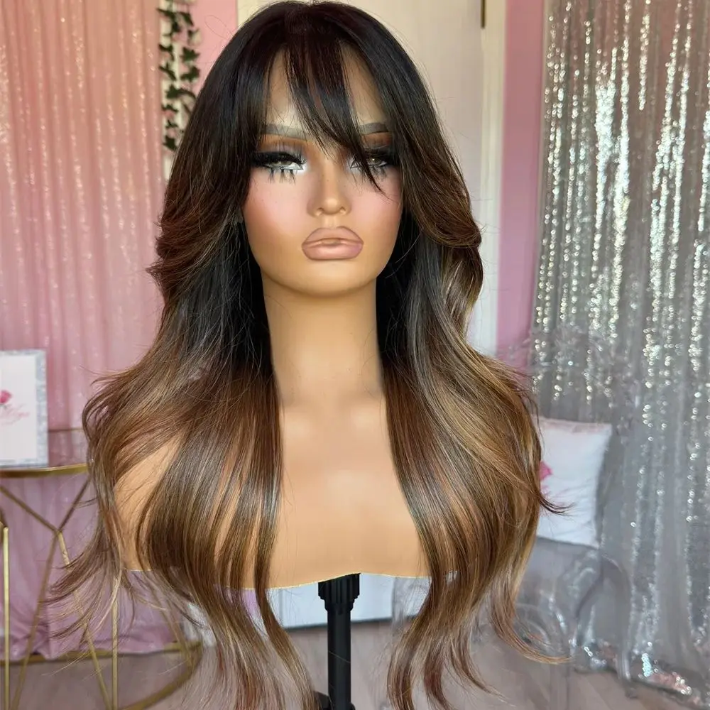

Коричневый блондинка, кружевной парик Balayage с челкой, термостойкие синтетические волосы с бахромой, парик с темными корнями, мелирование для женщин, длинные волнистые