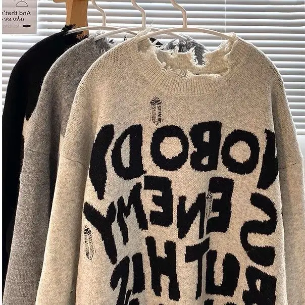 

Мужской вязаный свитер оверсайз с длинным рукавом, осенне-зимний, винтажный, в американском стиле, с надписью, свободный, в стиле кэжуал