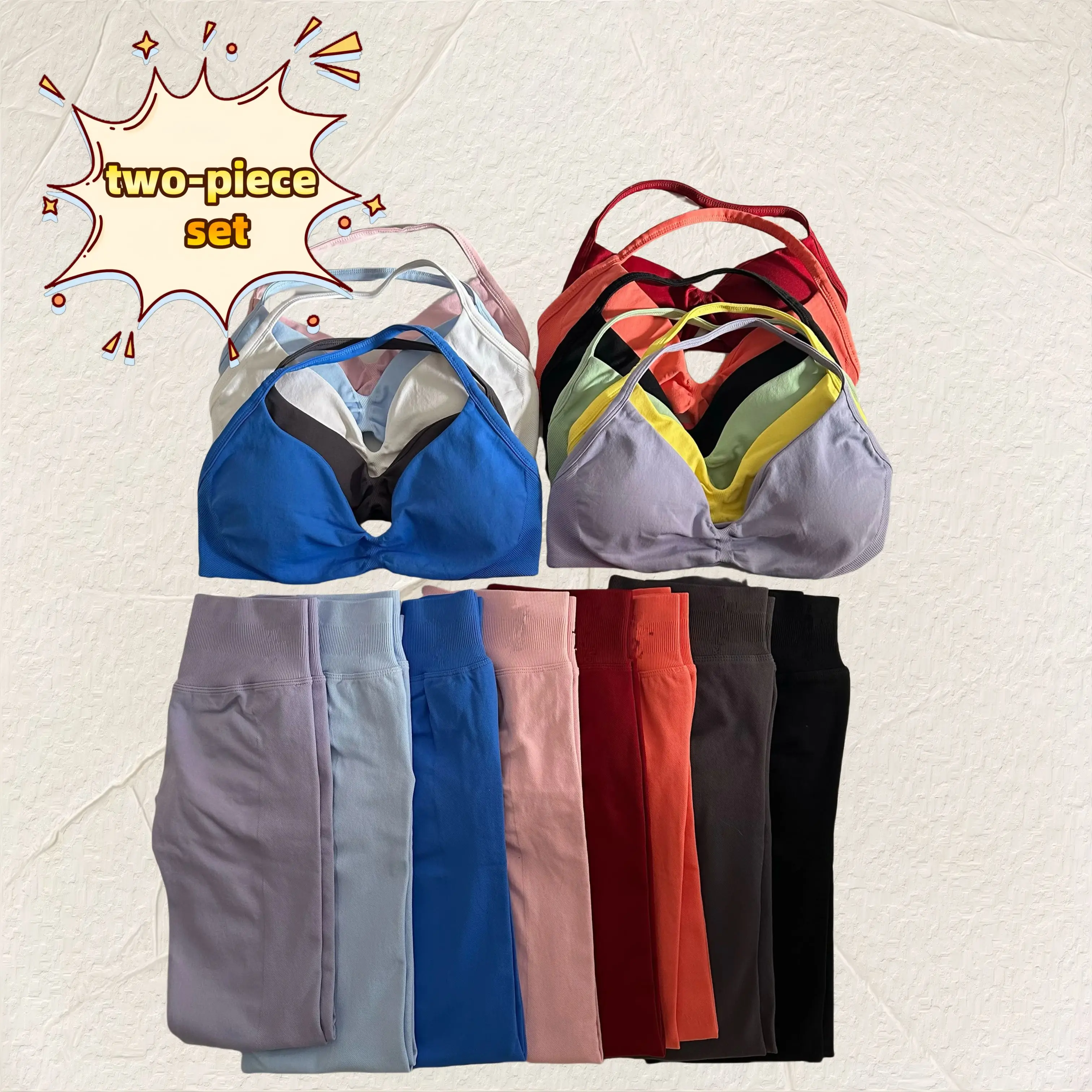 

2025 Йога, комплект из 2 предметов, летняя женская спортивная модная одежда для йоги и фитнеса, брюки на бедрах, бюстгальтер с бретельками на шее, компакт цвета допамина, пилатес