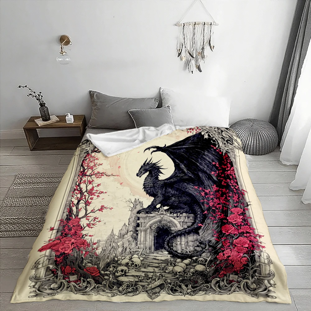 Massive Gothic Dragon Throw Blanket Dark Academia Skull Roses Horror Plush Cozy Decorative Throw for Couch Bed Decor