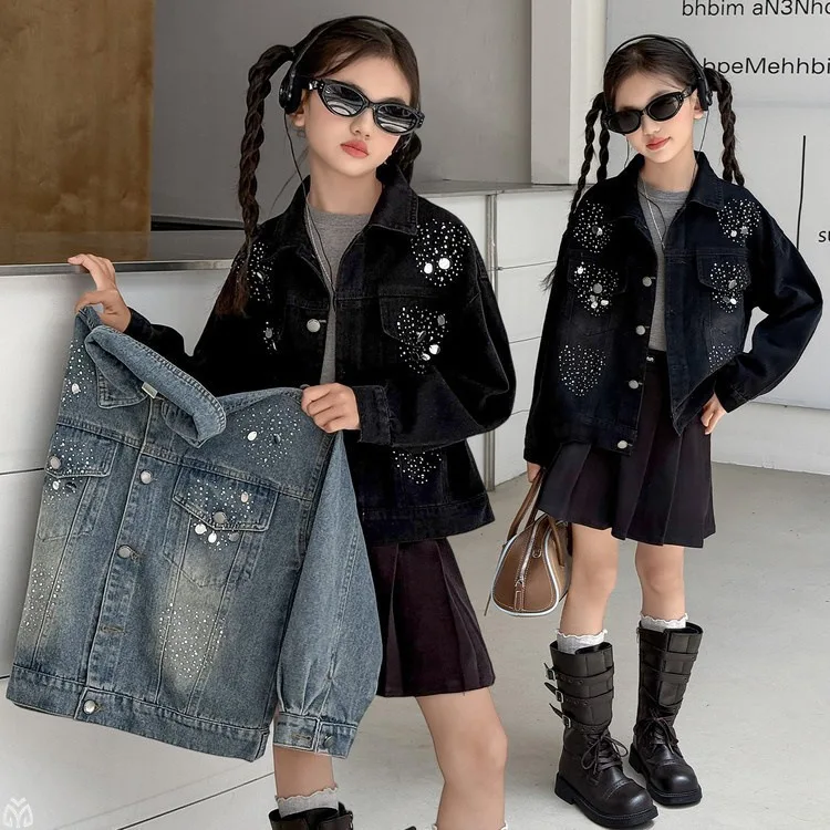 

Girls Denim Jacket 2025 New Children Spring and Autumn Fashionable Korean Heavy Industry Hot Diamond Jacket Versatile