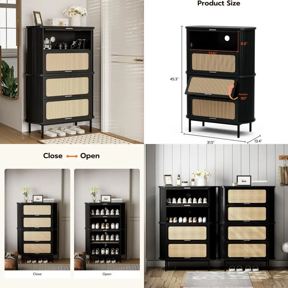

4-Tier Rattan Wooden Shoe Storage Cabinet with Metal Legs - Freestanding Organizer for Entryway
