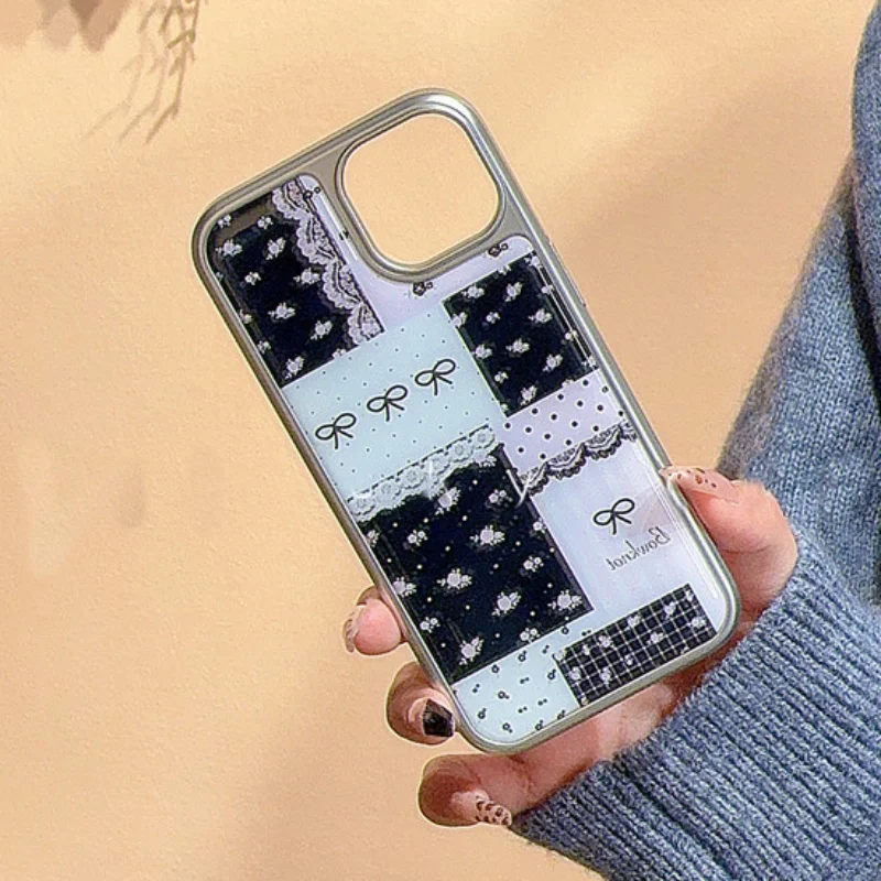 INS Cute Lace Bow Floral Polka Dot Letters Plating Phone Case For iPhone 16 15 14 Pro Max 13Pro Protective Back Cover Sweet Girl