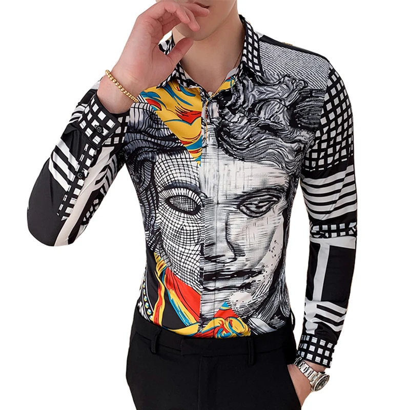 

M-6XL Spring Fashion Boutique Print Shirt Men Casual Slim Fit Men's Long Sleeved Shirts Luxury British Style Social NightClub