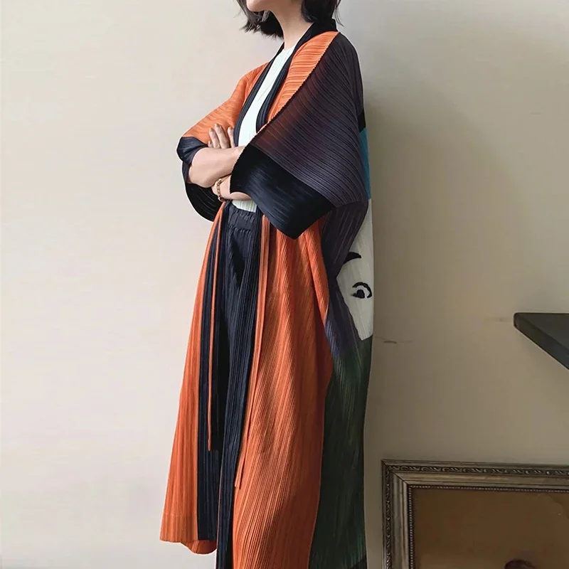 

ALSEY Miyake Pleated Style Collision Women's Long Jacket 2025 Summer New Fashion Cardigan Tie Printed Trench Coat Summer Fabrics