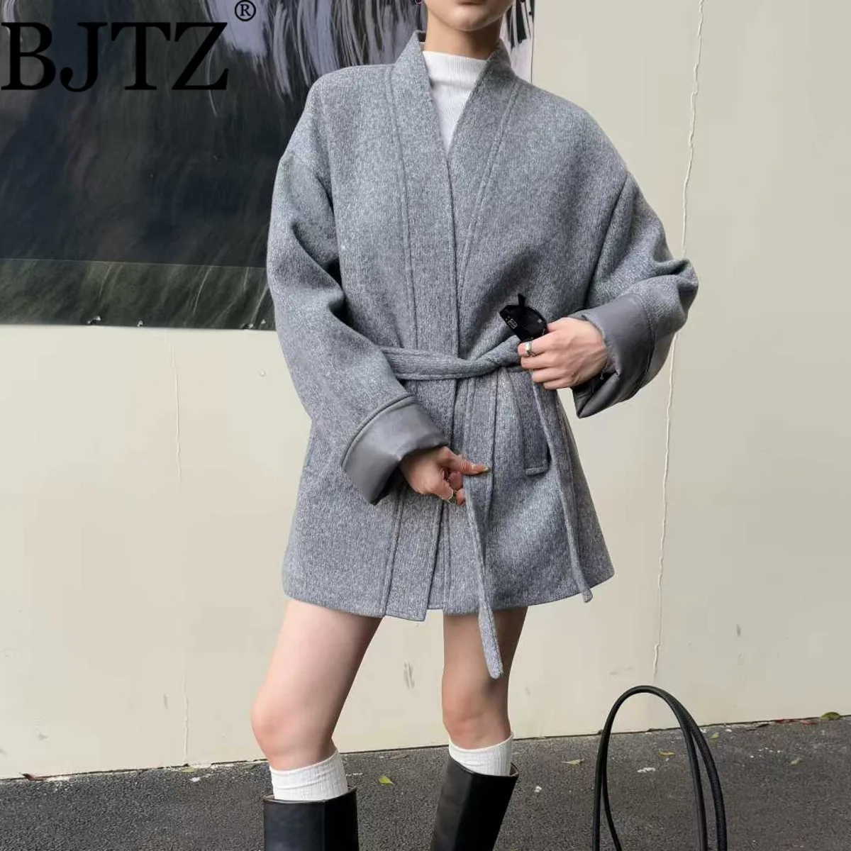 

BJTZ 2025, новая зимняя короткая шерстяная куртка для женщин, элегантное модное свободное универсальное женское шерстяное пальто со шнуровкой и завязками на талии