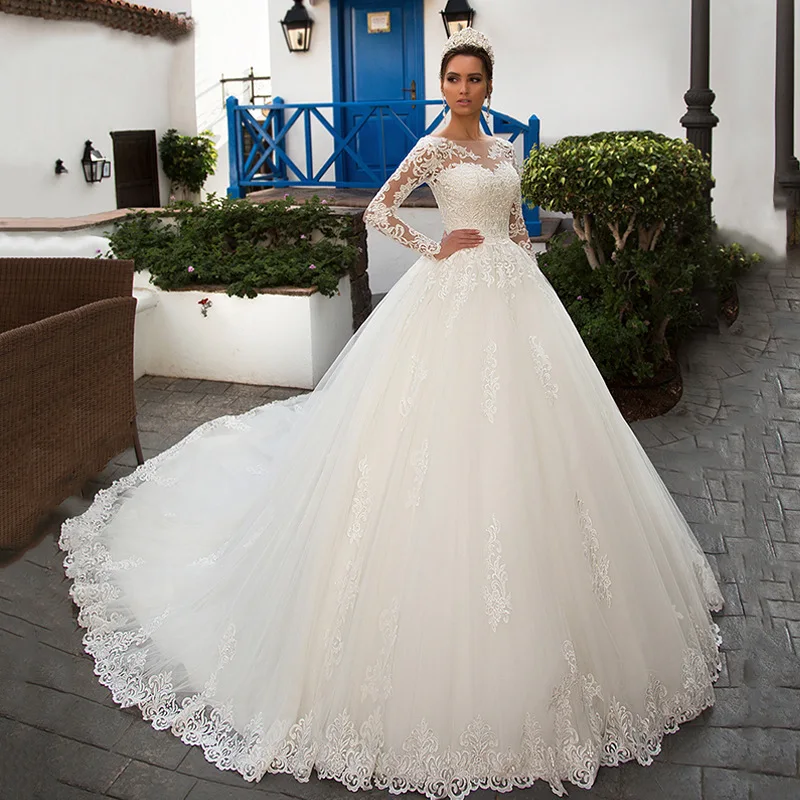 VENSANAC Illusion O Neck Lace Appliques Ball Gown Wedding Dresses Long Sleeve Court Train Bridal Gowns