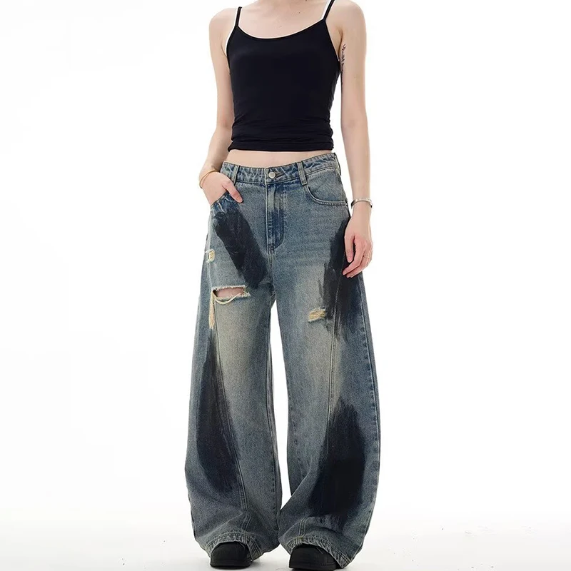 Retro herenbroek met rechte pijpen, casual broek, gescheurde denim, jeans in paarstijl, mode-jeans, blauwe jeans met kleurblokken