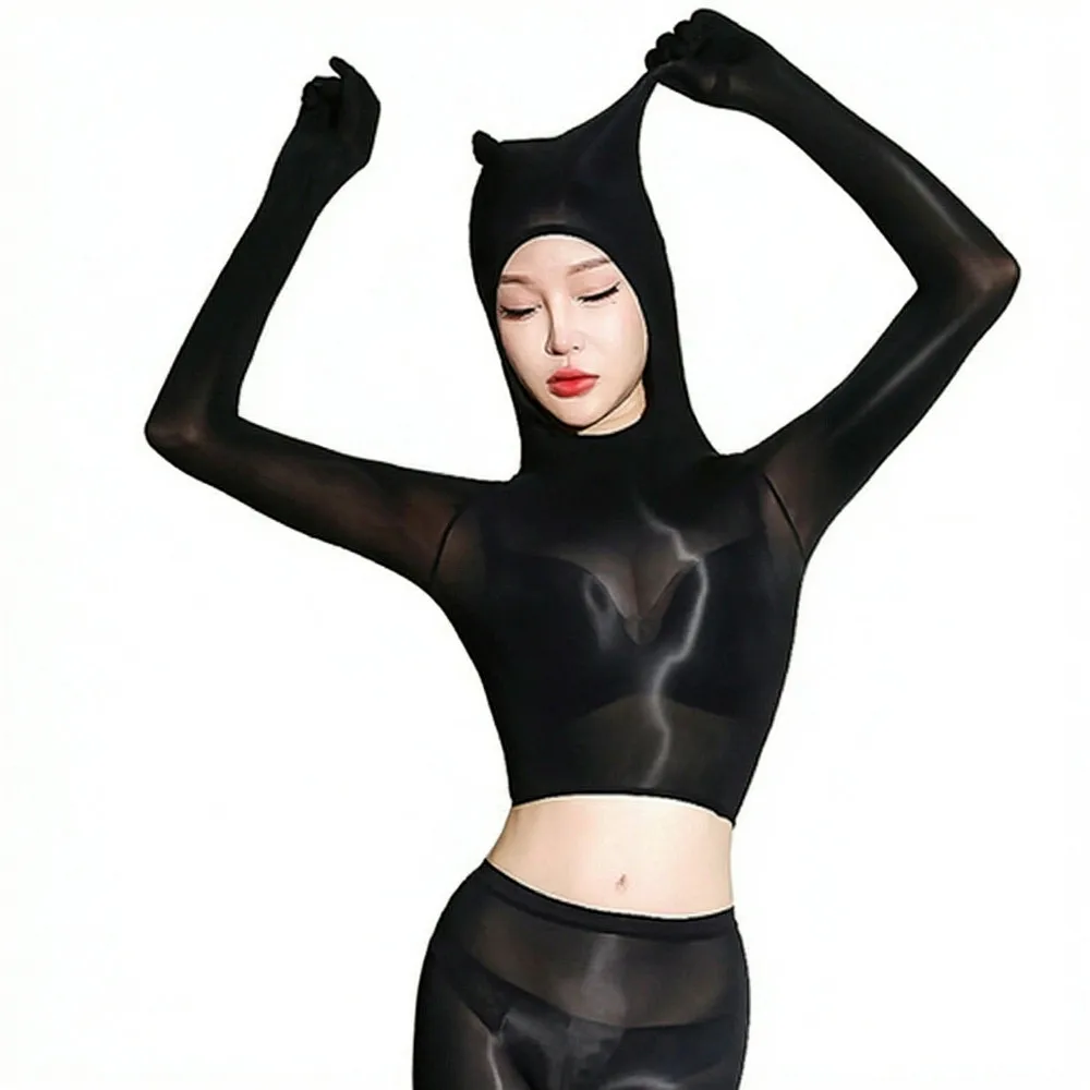 Women's Five Finger Gloves Sleeve Cover Head Elastic T-shirt See Through Tights Oil Glossy Shiny Sheer Hood Mask Short Crop Tops