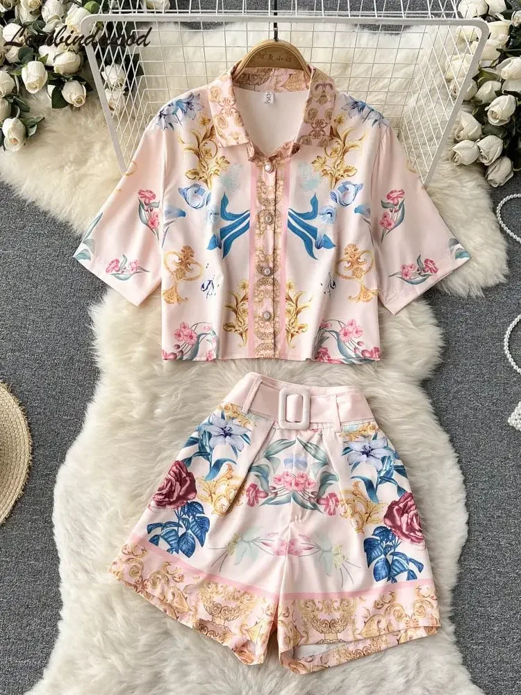 

2022 Summer Flower 2 Piece Set Women's Short Sleeve Floral Print Shirts Top + Pocket High Waist Belt Wide Leg Shorts Suit