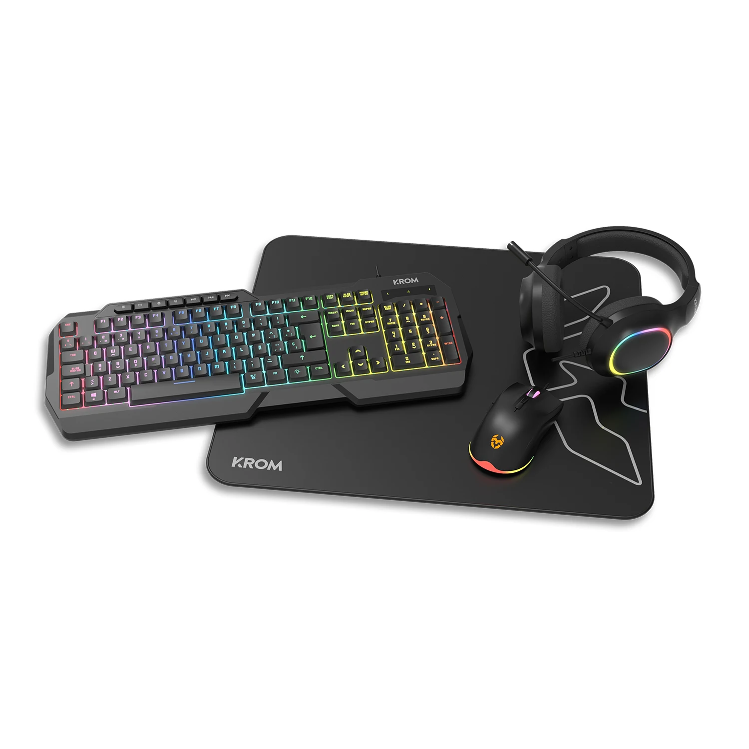 KROM KENTA - Combo Gaming 4 en 1 - Teclado RGB Rainbow, Layout Español, Antighosting, Ratón óptico 7200 DPI, Auriculares 50mm Estéreo y Alfombrilla 450x400x3mm, Color Negro