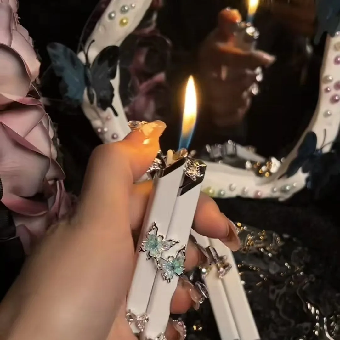 Blue Crystal Butterfly Lighter, Slim White Body, Refillable, Soft Flame, Aesthetic Design for Daily Use & Gifting