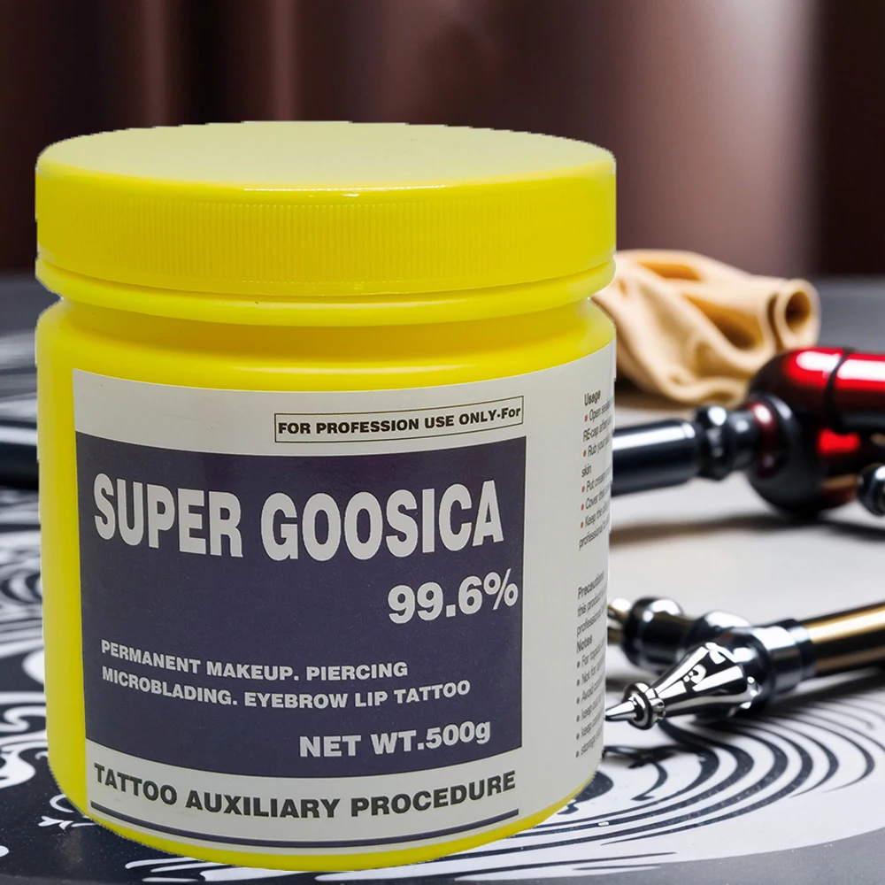 Bouteille jaune 99.6% crème de tatouage Super Goosica 500g pour maquillage Permanent Microblading Piercing visage beauté auxiliaire