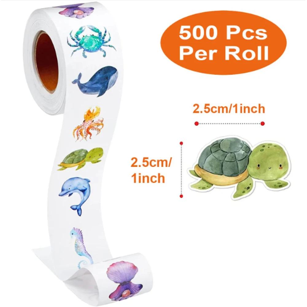 500pcs/roll New Cartoon Marine Animal Park Dolphin Stickers for Kids Teacher Reward Encourage Sealing Label Stationery Sticker