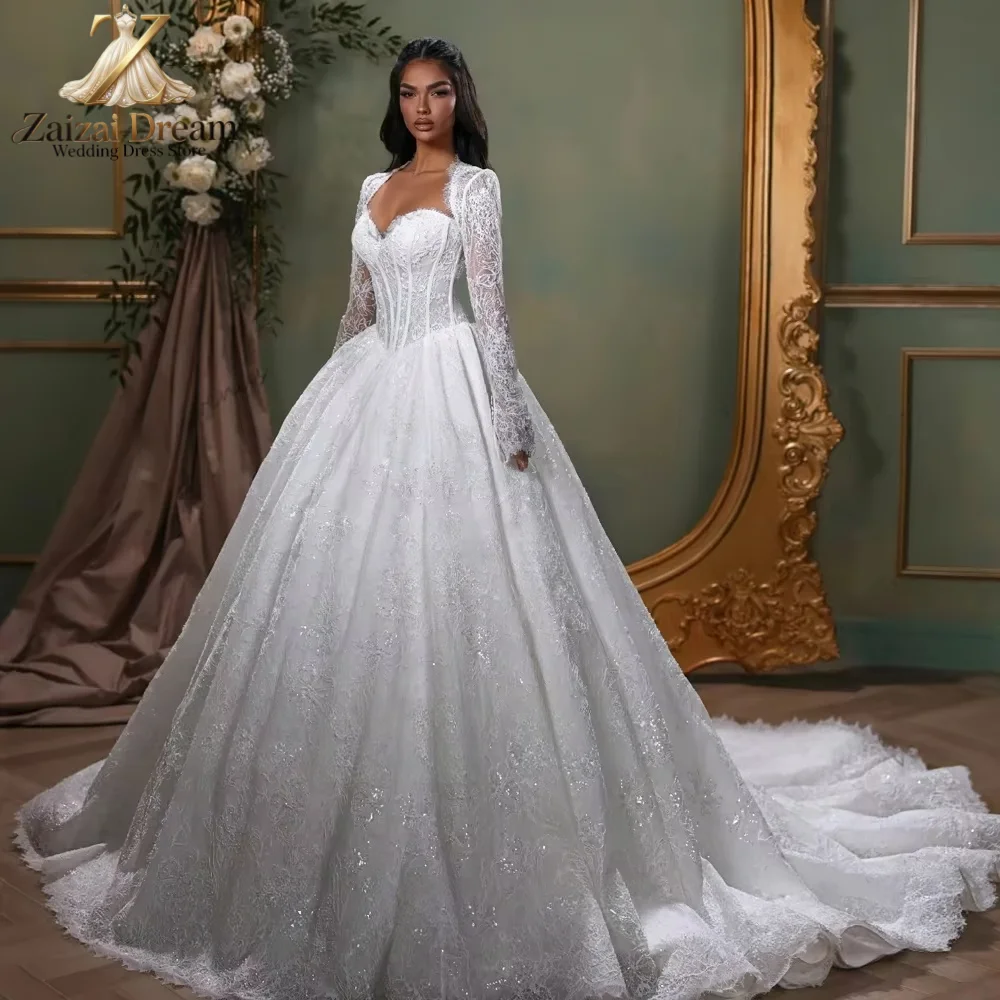 Customzied Luxury Lace Ball Gown Wedding Dress Sweetheart Corset Bridal Gown with Detachable Long Sleeve Jacket Vestido De Novia