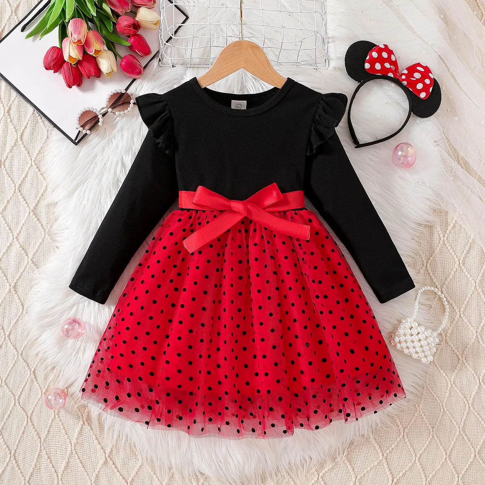 Princess Skirt for Girls Halloween Costume Red Puffy Tulle Dress Spring Autumn New Style Children's Clothing Little Girl