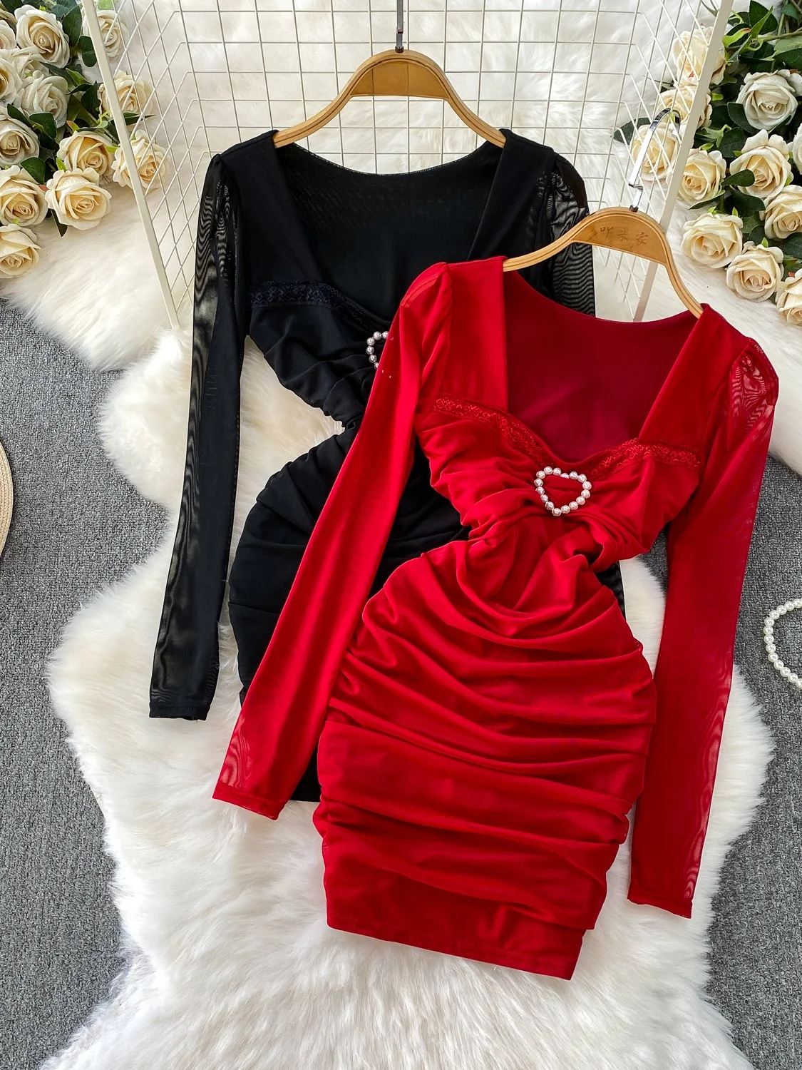 

Sexy Long Sve Low Cut Square Collar Dr Net Gauze Slimming Bodycon Skirt for Women Autumn Season High Waist Anti-Ball