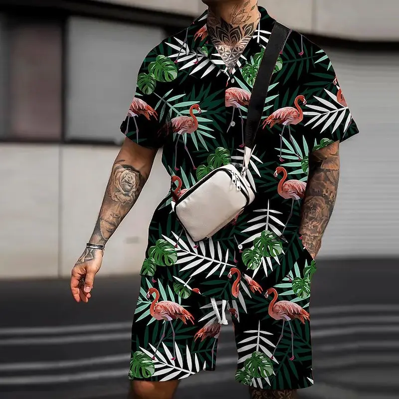 

2pcs Men's Floral Flamingo Tropical Print Shorts & Shirts Set Drawstring Waist Beachwear Casual Attire Tropical Print Asian Size