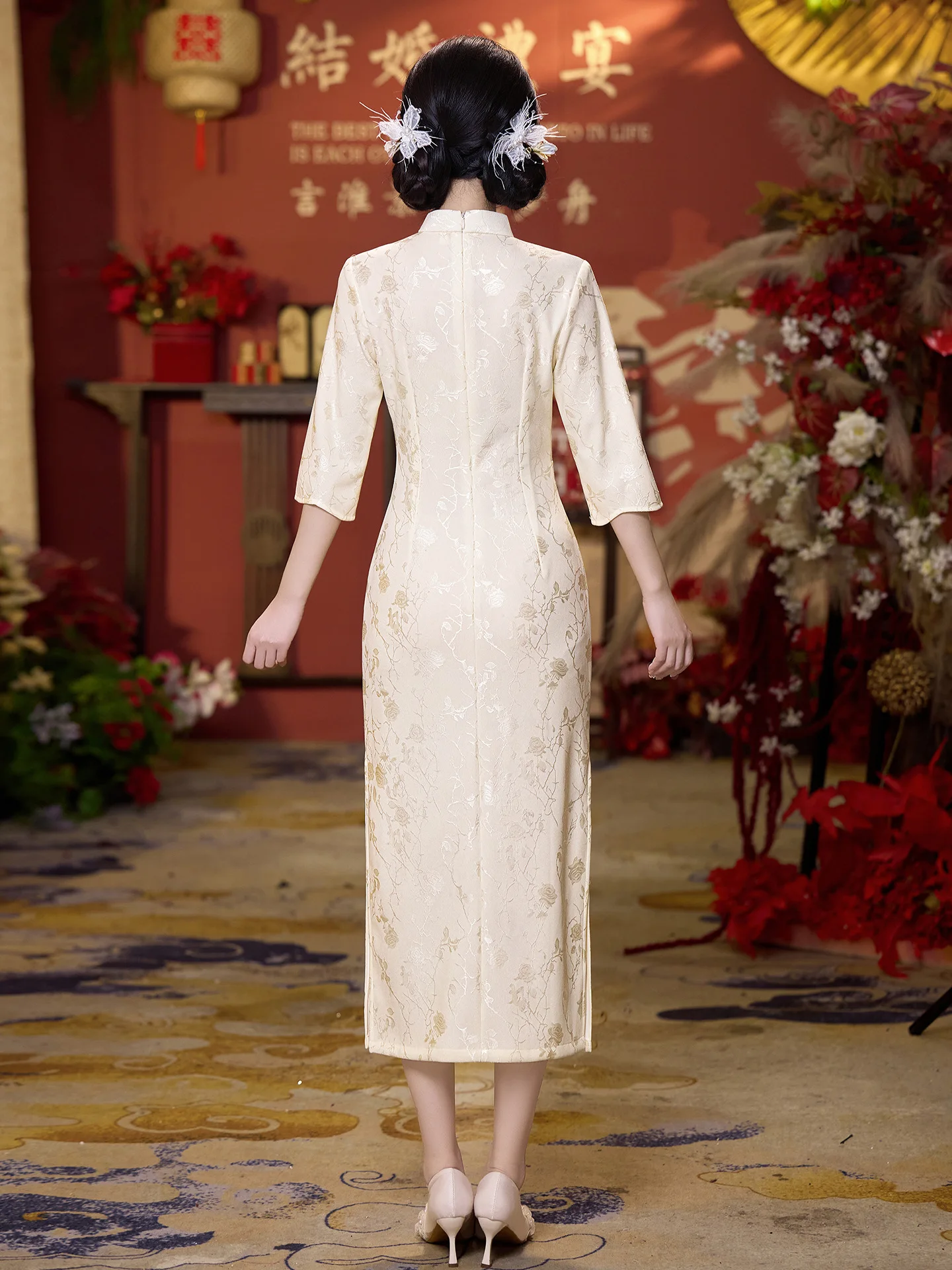 Chinese Style Wedding Long Cheongsam Young Women Retro Three-quarter Sleeved Summer Lace Qipao Dress