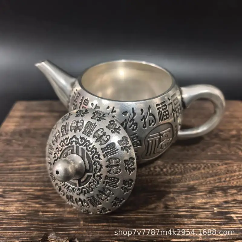 Antique Brass Craftwork Silver-Plated Hundred Blessings Pot Home Living Room Decorative Ornament