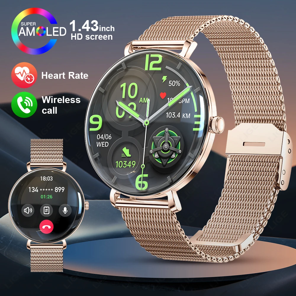 

LIGE 1.43inch AMOLED Ultra HD Screen Fashion Ladies Smart Watch Bluetooth Call Smartwatch Metal Ultra thin Bracelet Watch Woman