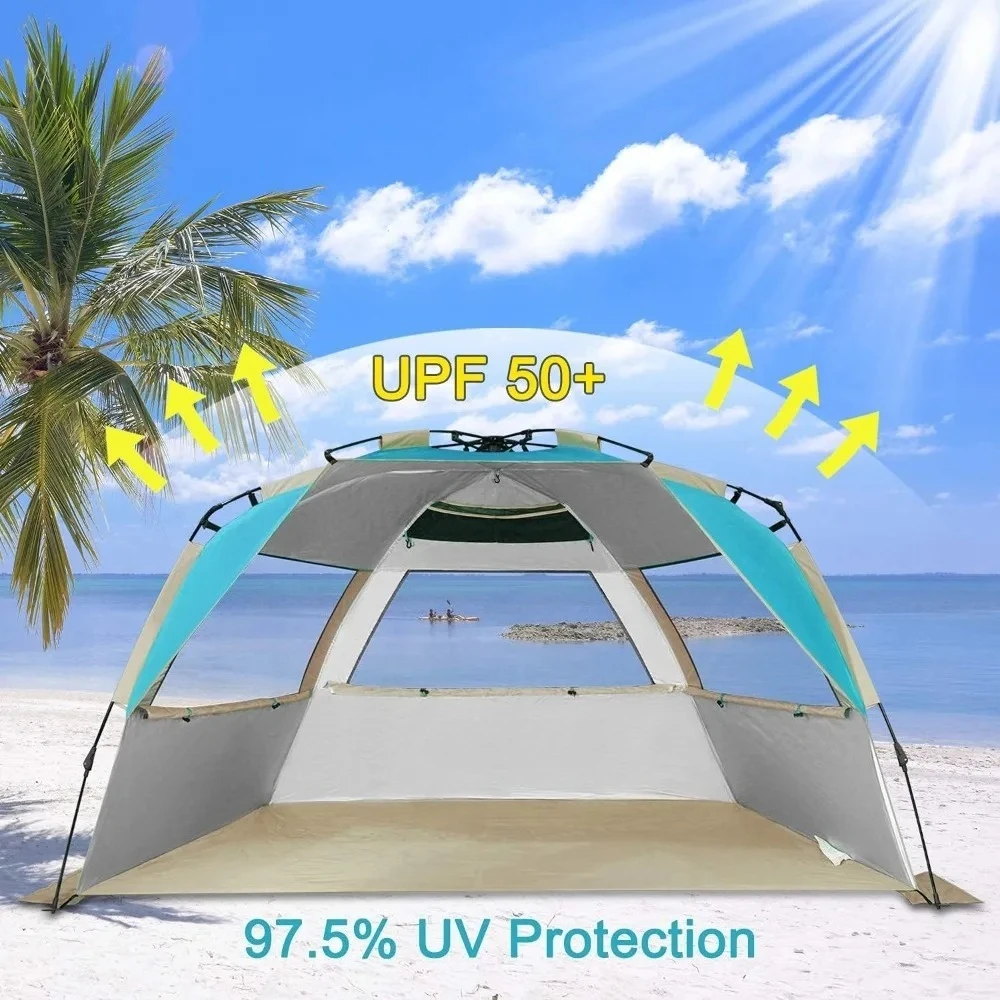 Easy Set Up Beach Tent Deluxe XL, Pop Up Sun Shelter for 3-4 Persons with UPF 50+ Protection Beach Shade Fast
