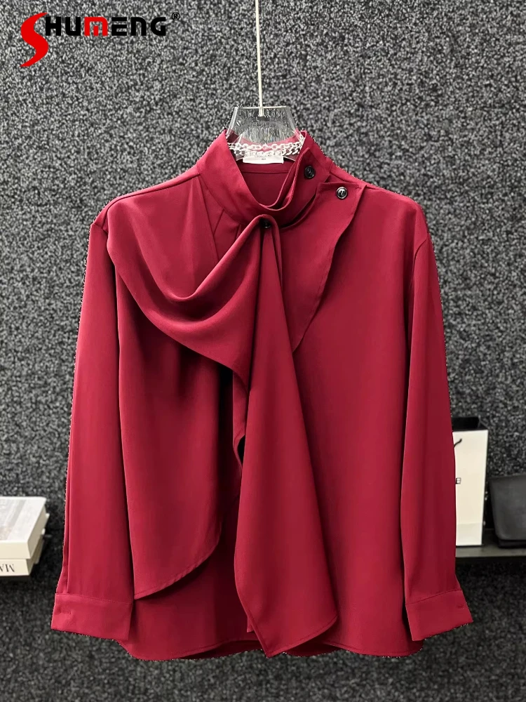 

Men Women 2026 Spring New High-End Ribbon Irregular Shirts Fashion Half-High Collar Scarf Shirt Design Solid Color Trendy Tops