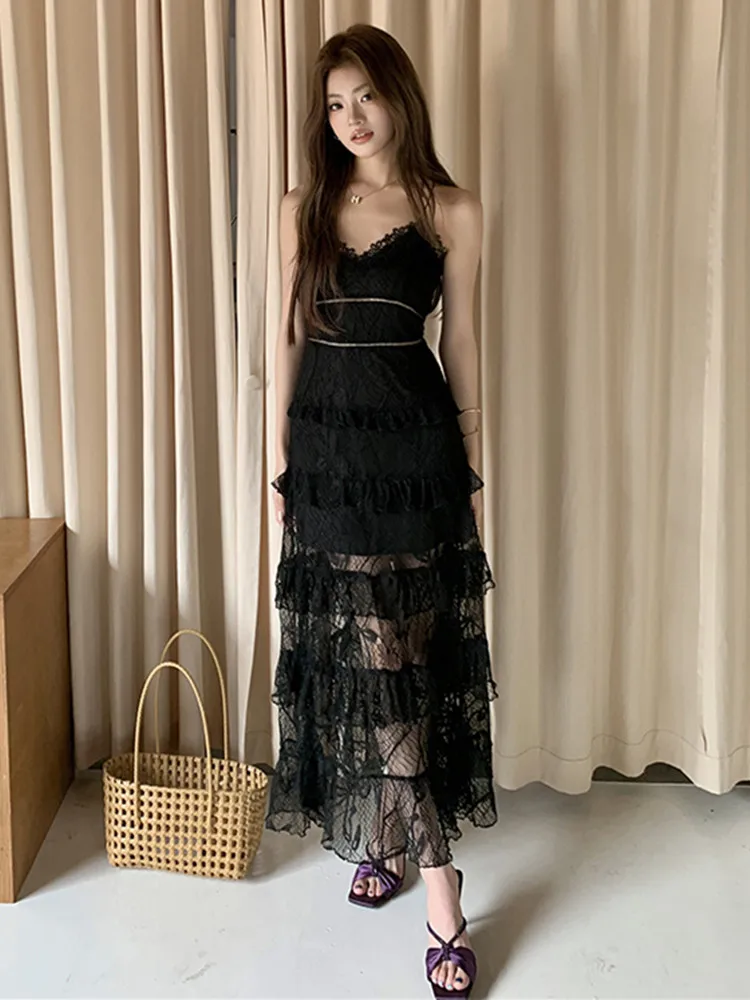 

Summer New Black Lace Splice Spaghetti Strap Dinner Dresses Luxury Sexy Hollow out Ruffles Cocktail Dress Woman