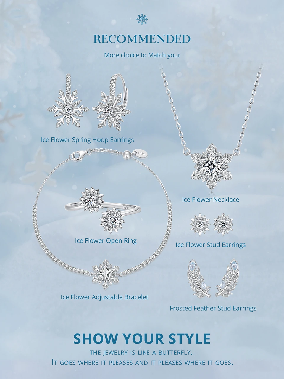 Bamoer 925 Sterling Silver Ice Flower Jewelry Set Double Snowflakes Open Ring Spring Hoop Earrings for Women Sparkling Gift