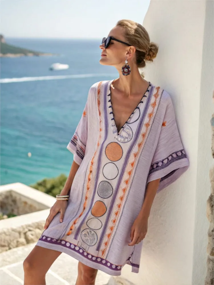 

New Summer Dress Woman 2025 Vestidos Para Mujer V-neck Beach Dress Vacation Dresses Print Casual Fashion Short Sleeves Dresses