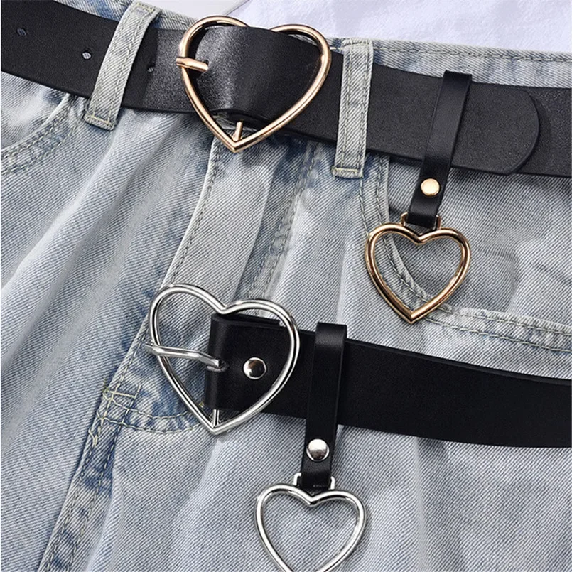Cute Leather Belt Metal Heart Shape Buckle Camel White Black Retro