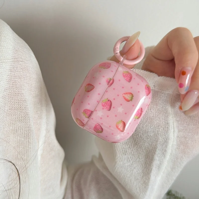 Cute Red Strawberries Pattern Pink Earphone Case with Pendant for Airpods 1, 2, 3, 4, Pro, Pro2, Pro3,Dustproof