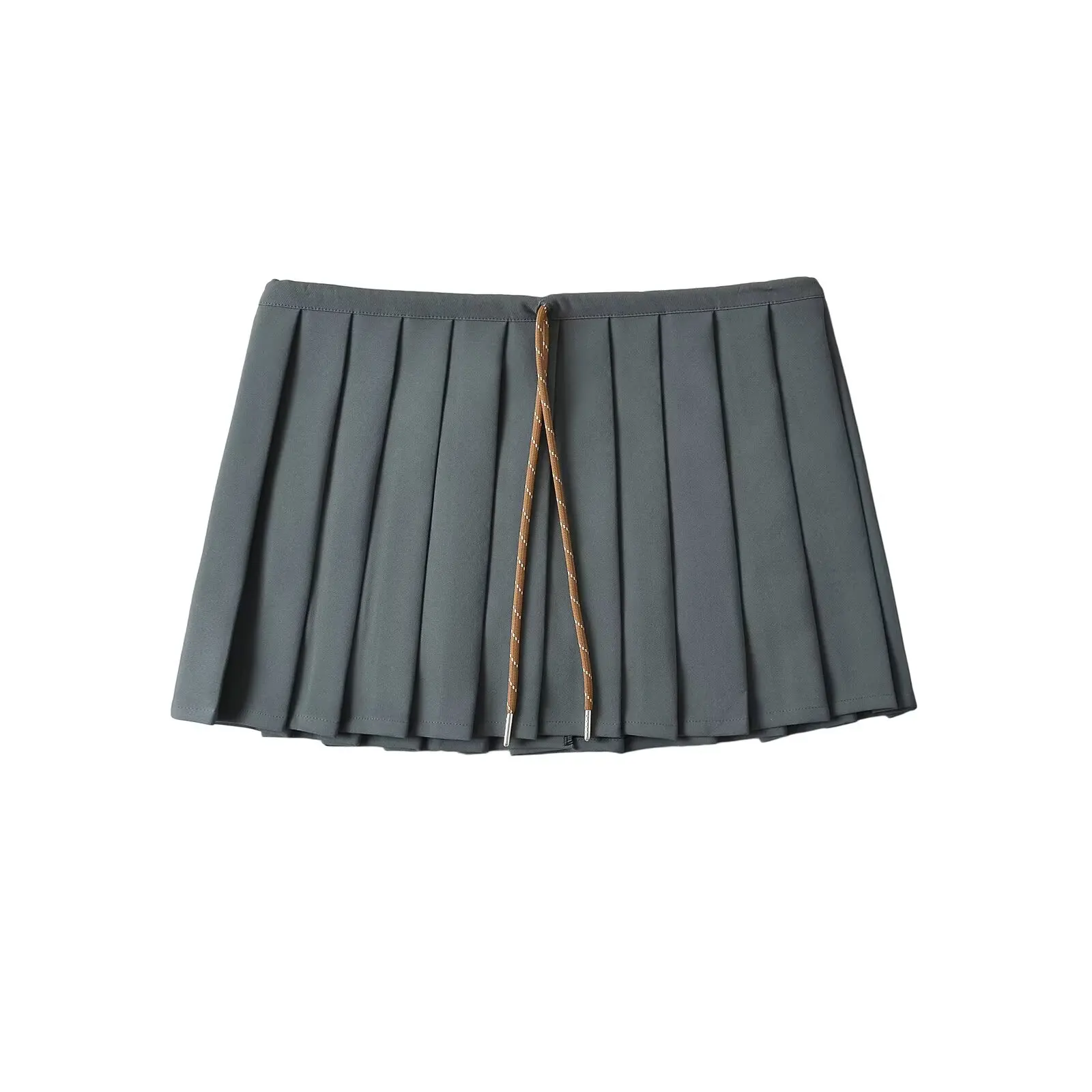 กระโปรงพลีทสีขาวทรงเอสำหรับผู้หญิง กระโปรงทรงเอเอวต่ำแบบผูกเชือก ผ้าบางเบา สไตล์เกาหลี