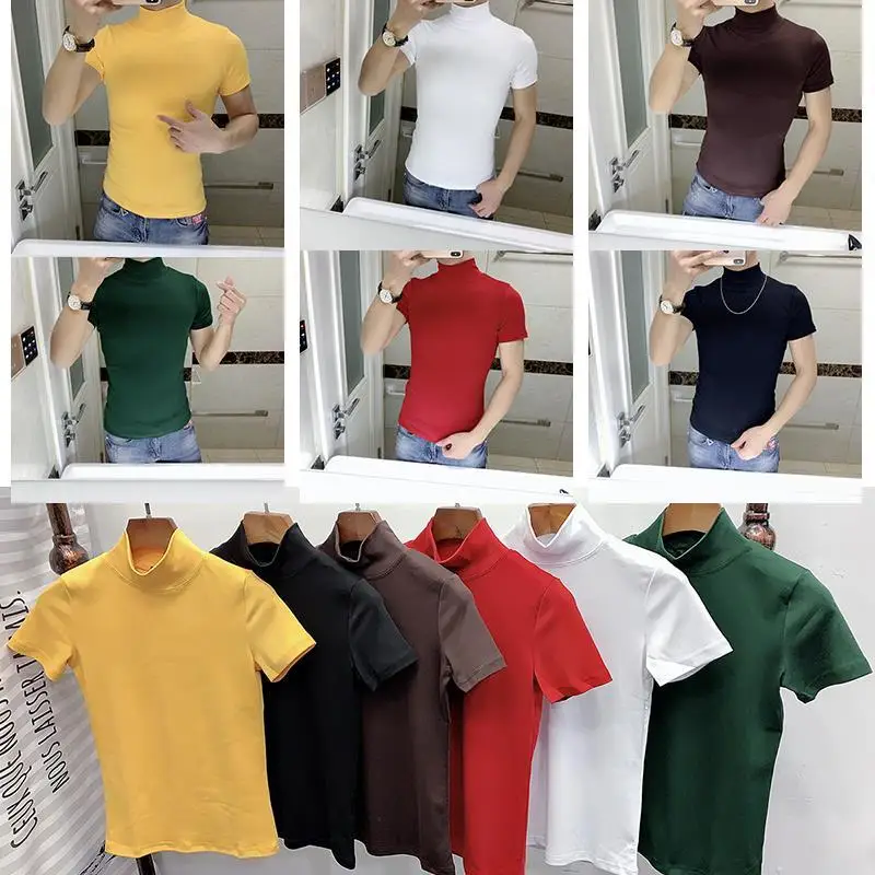 2023 New Arrival Men\'s High Neck Solid Color Base Shirt Korean Slim Fit Stand Collar Tight Fashion Casual Short Sleeve T-Shirt