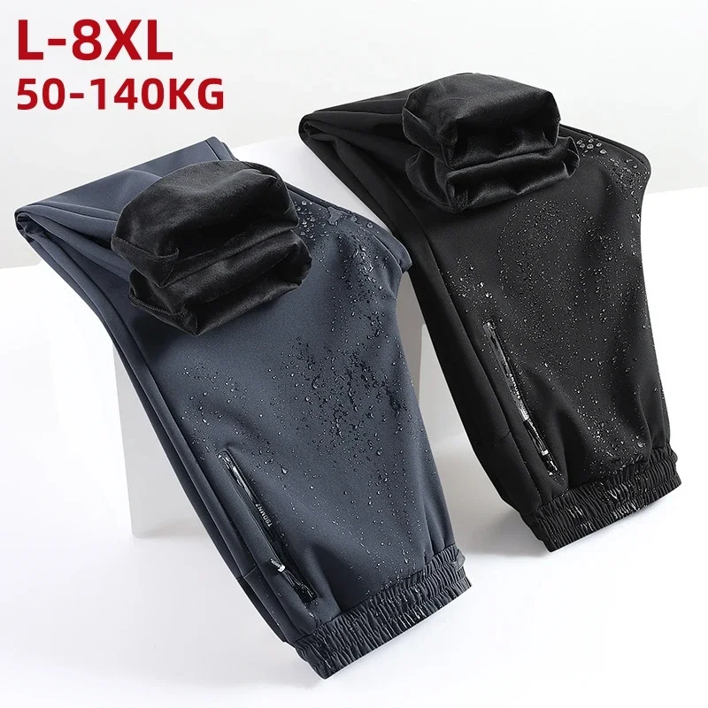 Pantalones largos rectos impermeables para hombre, pantalón de talla grande 8xl, 7xl, 6xl, Softshell, a prueba de viento, informal, elástico, cintura con cordón, Invierno