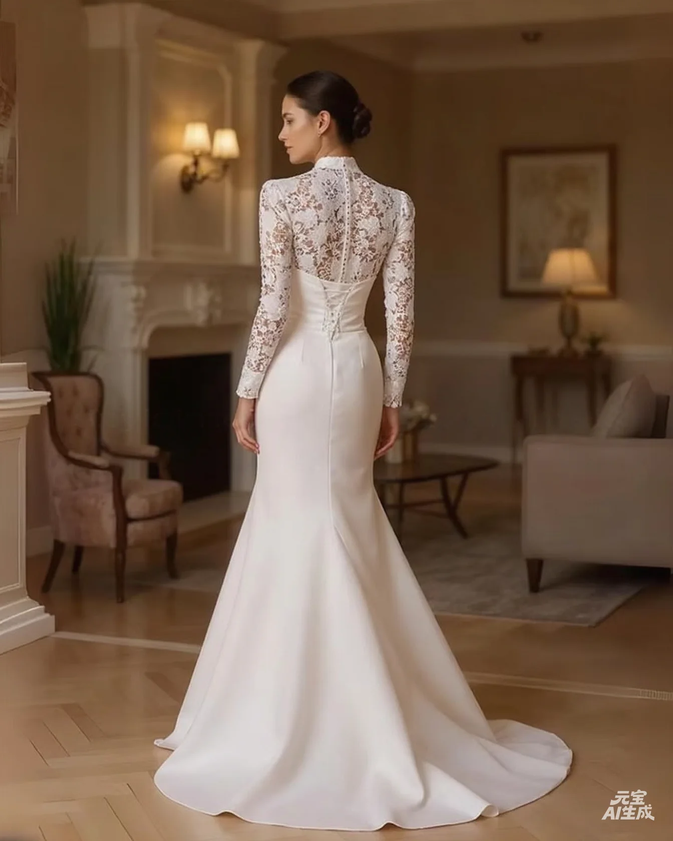 Lace Top Long Sleeves Mermaid Wedding Dress with Sweep Train Customized Back Corset Bridal Gown for Women