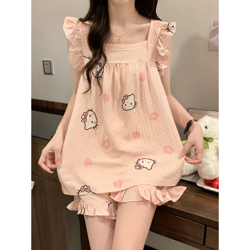 Sanrio New Hello Kitty Ice Silk Sling Pajamas Cute Cartoon Casual and Comfortable Cool Breathable Lightweight Home Sexy Pajamas