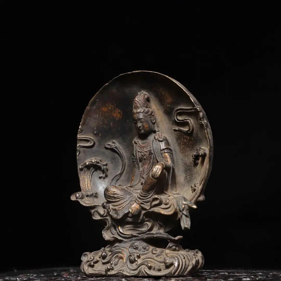 South Sea Zizai Water Moon Guanyin Bodhisattva Brass Gold Plated Antique Statue Home Temple Desk Decor Gift